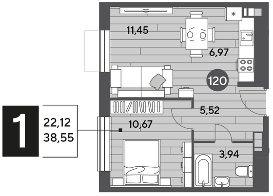 Продажа 1-комнатной квартиры 38,5 м², 6/10 этаж