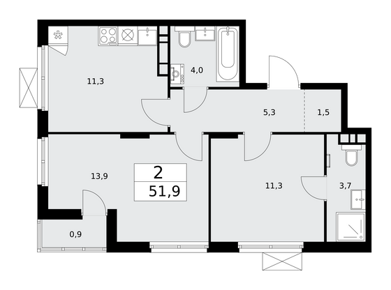 51,9 м², 2-комн. квартира, 8/16 этаж