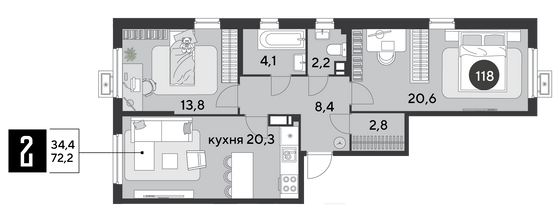 Продажа 2-комнатной квартиры 72,2 м², 13/18 этаж