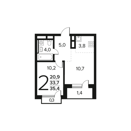 Продажа 2-комнатной квартиры 35,4 м², 3/14 этаж