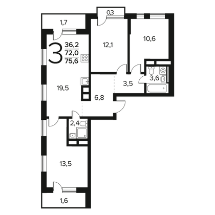 Продажа 3-комнатной квартиры 75,6 м², 4/14 этаж