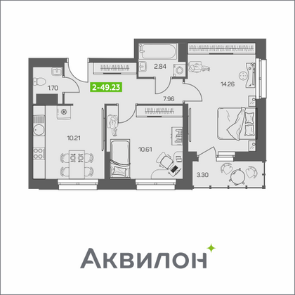 49,2 м², 2-комн. квартира, 6/8 этаж