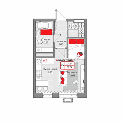 31,7 м², 1-комн. квартира, 13/19 этаж