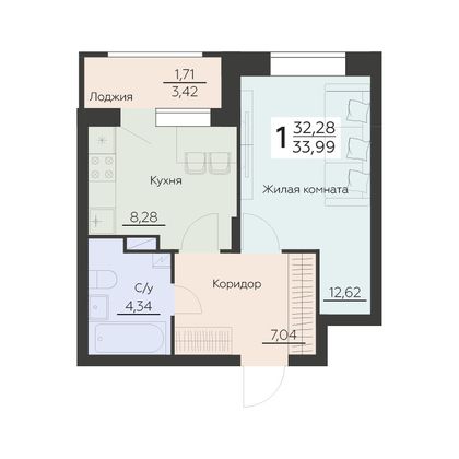 Продажа 1-комнатной квартиры 34 м², 8 этаж