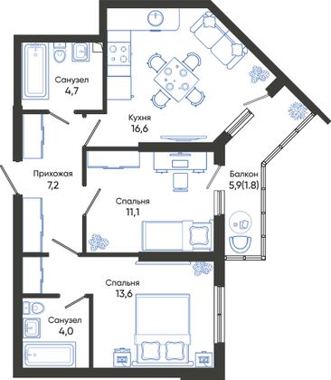 59 м², 2-комн. квартира, 1/24 этаж