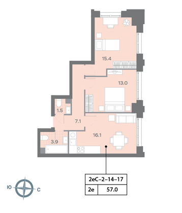 Продажа 2-комнатной квартиры 57,2 м², 16/32 этаж