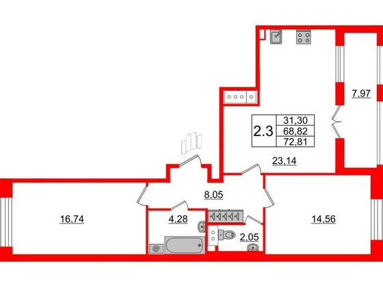 Продажа 2-комнатной квартиры 68,8 м², 8/12 этаж