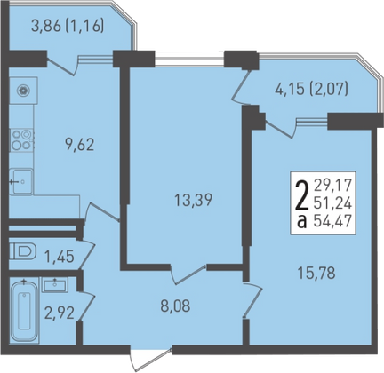 54,5 м², 2-комн. квартира, 15/22 этаж