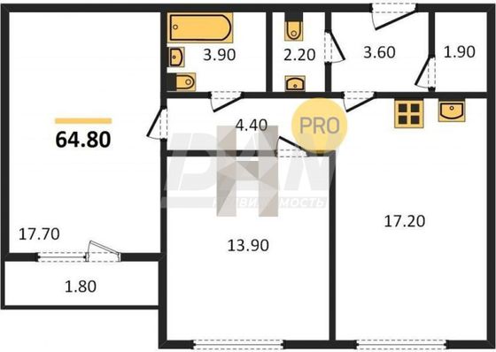 Продажа 2-комнатной квартиры 64,8 м², 5/18 этаж