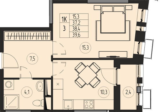 38,4 м², 1-комн. квартира, 13/21 этаж