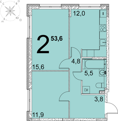 53,6 м², 2-комн. квартира, 1 этаж