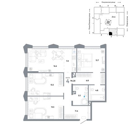 94,2 м², 4-комн. квартира, 18/30 этаж