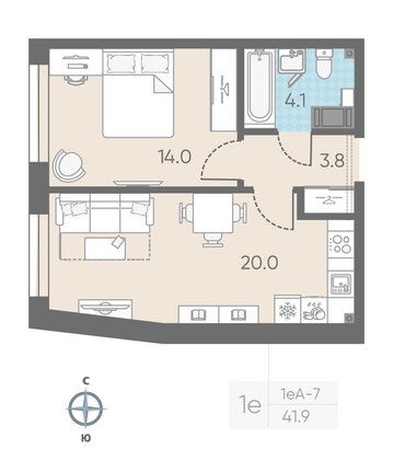 Продажа 1-комнатной квартиры 41,9 м², 4/11 этаж