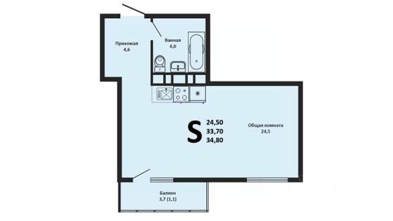 Продажа квартиры-студии 33,8 м², 12/18 этаж
