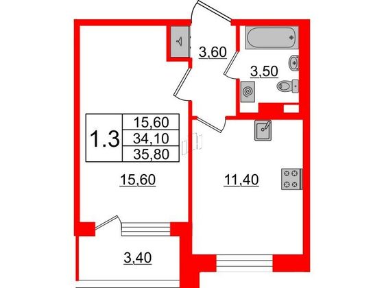 Продажа 1-комнатной квартиры 34,1 м², 3/4 этаж