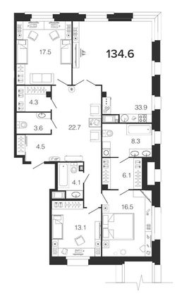 135 м², 4-комн. квартира, 2/9 этаж