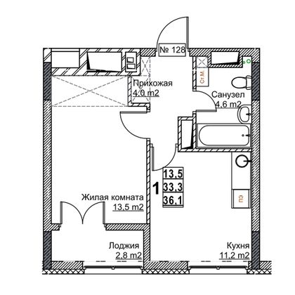 Продажа 1-комнатной квартиры 36,1 м², 16/24 этаж