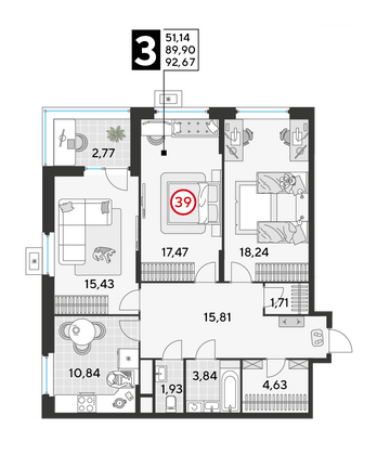 Продажа 3-комнатной квартиры 92,7 м², 5/25 этаж