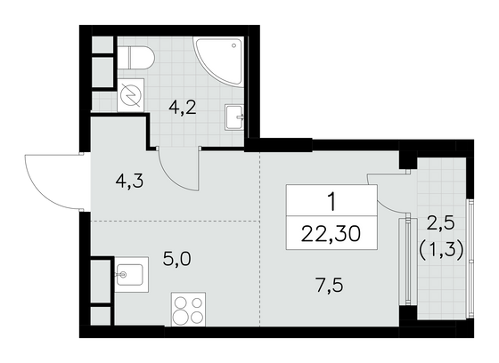 22,3 м², своб. планировка, 15/30 этаж