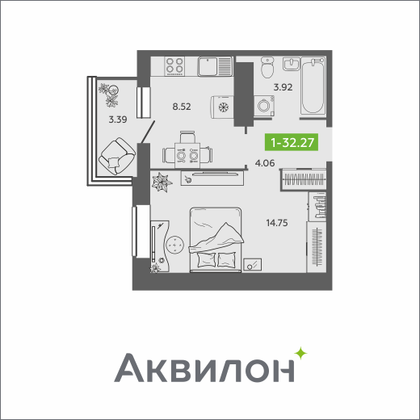 32,3 м², 1-комн. квартира, 13/16 этаж