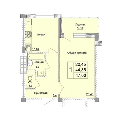 Продажа 1-комнатной квартиры 47 м², 7 этаж