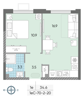 34,6 м², 1-комн. квартира, 4/24 этаж