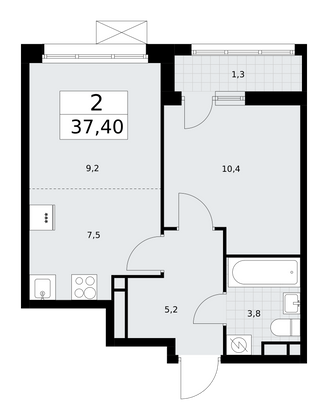 37,4 м², своб. планировка, 9/9 этаж