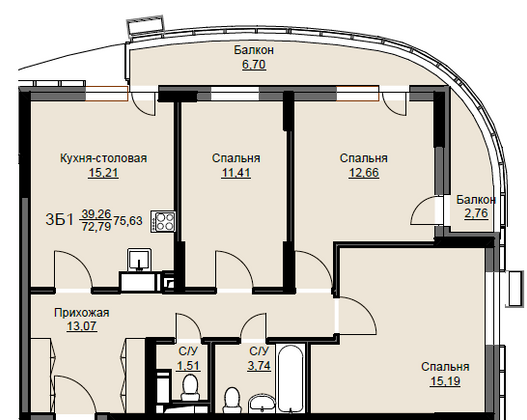 Продажа 3-комнатной квартиры 75,6 м², 7/17 этаж