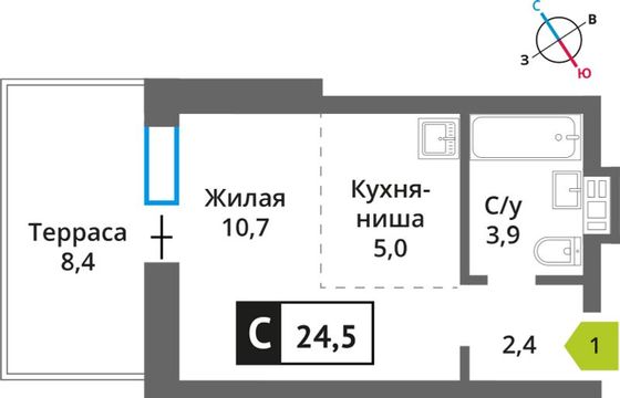 Продажа квартиры-студии 24,5 м², 1/9 этаж