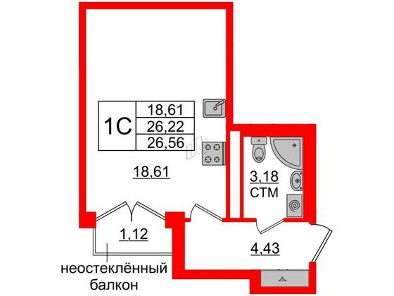 Продажа квартиры-студии 26,2 м², 3/4 этаж