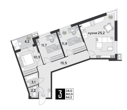 Продажа 3-комнатной квартиры 84,2 м², 2/18 этаж