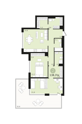 138,3 м², 2-комн. квартира, 2/15 этаж