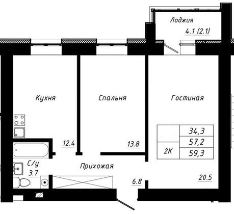 Продажа 2-комнатной квартиры 59,3 м², 2/10 этаж