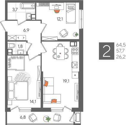 Продажа 2-комнатной квартиры 64,5 м², 5/24 этаж