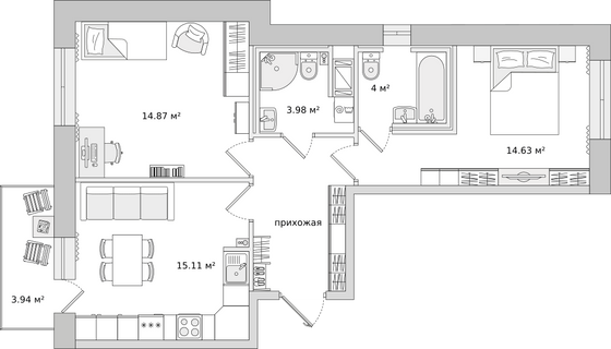 60,7 м², 2-комн. квартира, 15/17 этаж