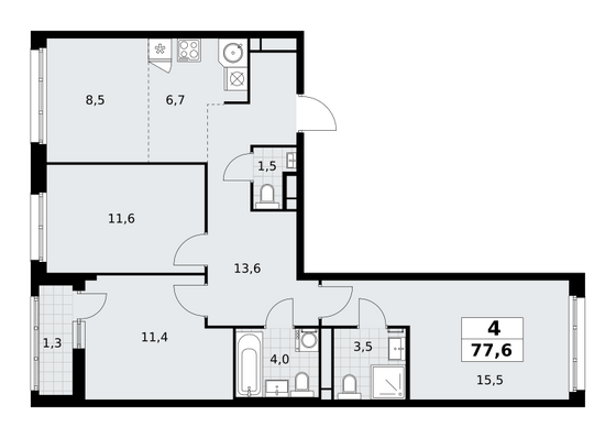 77,6 м², 4-комн. квартира, 7/9 этаж