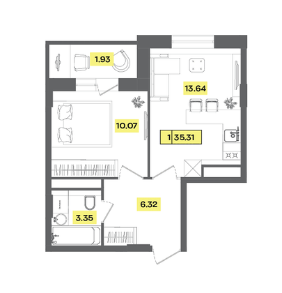 Продажа 2-комнатной квартиры 35,3 м², 5 этаж