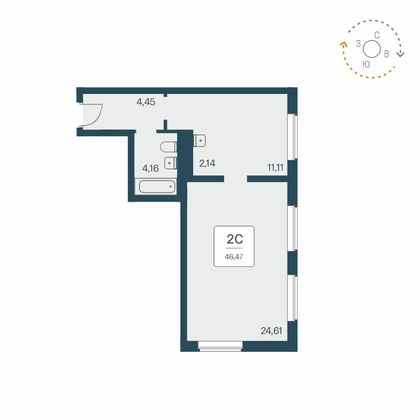 46,5 м², 2-комн. квартира, 4/25 этаж