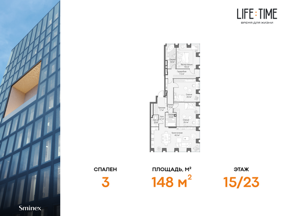 148 м², 4-комн. квартира, 15/23 этаж