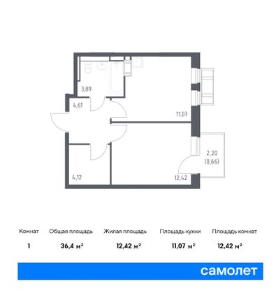 36,4 м², 1-комн. квартира, 3/9 этаж