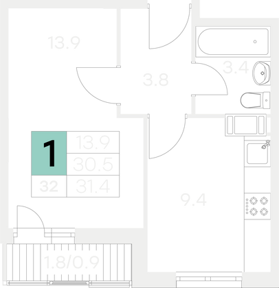 Продажа 1-комнатной квартиры 31,4 м², 6/9 этаж