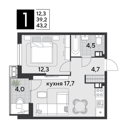 Продажа 1-комнатной квартиры 43,2 м², 7/18 этаж