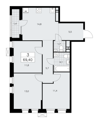 69,4 м², 3-комн. квартира, 14/18 этаж