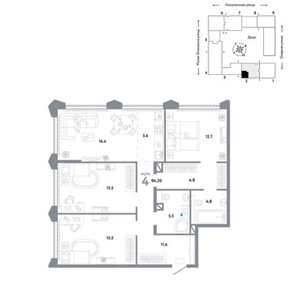 94,2 м², 4-комн. квартира, 27/30 этаж