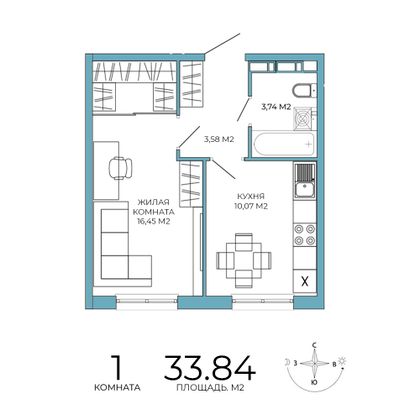 33,8 м², 1-комн. квартира, 2/18 этаж