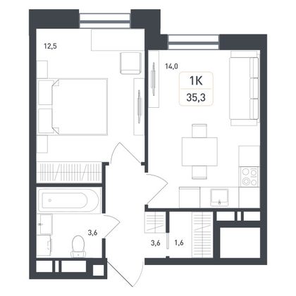 35,3 м², 1-комн. квартира, 7/8 этаж