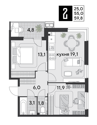 Продажа 2-комнатной квартиры 59,8 м², 2/18 этаж