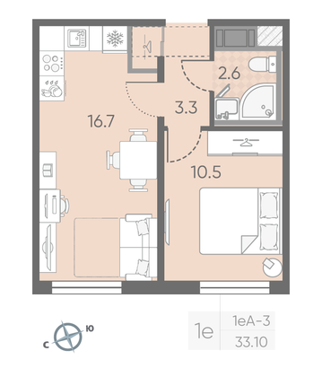 Продажа 1-комнатной квартиры 33,1 м², 24/25 этаж