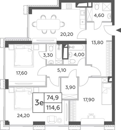 114,6 м², 4-комн. квартира, 27/52 этаж