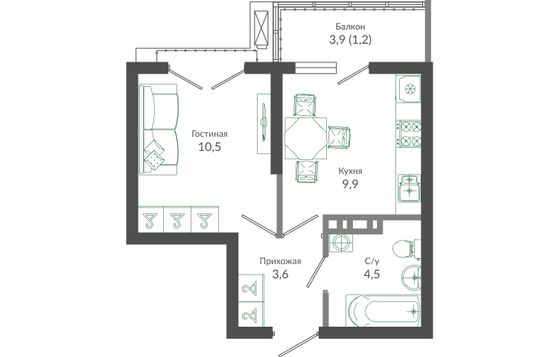 29,7 м², 1-комн. квартира, 12/12 этаж